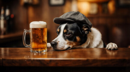 A dog wearing a cap is leaning on a wooden counter next to a glass mug filled with beer. The background suggests a cozy bar atmosphere.