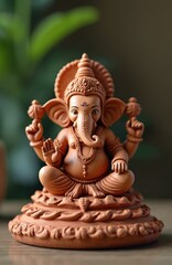 Fototapeta premium Small terracotta Ganesha idol sits in lotus pose. Lord elephant god sculpture with multiple arms blesses viewers. Handmade Hindu deity statue for home altar.