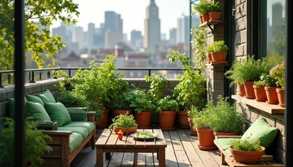 Fototapeta premium Urban balcony with many potted plants and a wooden bench overlooking city skyline. Green plants thrives on terrace providing fresh herbs and vegetables for healthy city living.