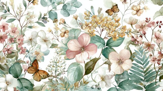 Elegant watercolor floral pattern featuring butterflies and a variety of delicate blooms & foliage