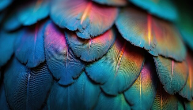 Close-up macro shot of colorful parrot feathers. Vibrant blue green pink yellow hues create a mesmerizing abstract pattern with intricate details and soft textures. Exotic avian plumage.