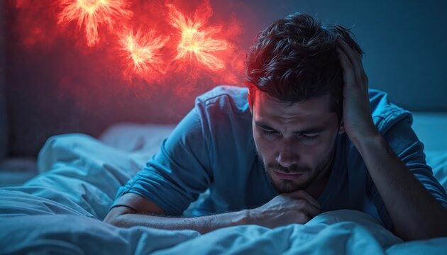 Man suffers from intense headache and anxiety lying in bed. Red energy bursts symbolize pain and mental distress. He is experiencing withdrawal symptoms.