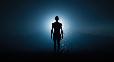 Silhouette of a person dispersing into particles against a bright, ethereal blue background.
