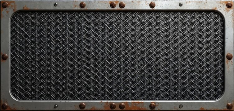 Worn metal grate panel background texture with rusty bolts. Industrial background design for construction or sci-fi themes. Seamless pattern.