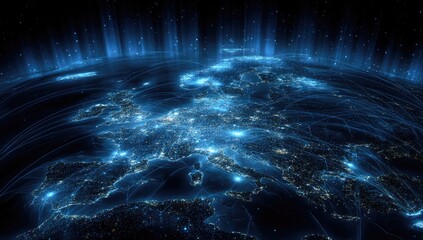 A digital rendering of Earth at night, with connecting lines depicting global communication