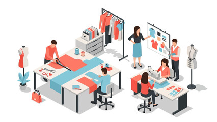 Isometric fashion design studio with designers tailoring and sewing garments