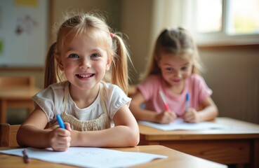 Fototapeta premium Two young girls learn and draw at wooden desks in early education class. One girl smiles holding blue marker, other girl draws with pink pen.