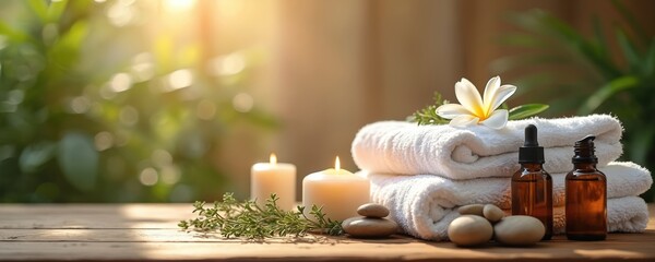 Fluffy white towels stacked neatly beside smooth massage stones, amber oil bottles. Lit candles, white flower create serene spa ambiance. Soft natural light filters through green foliage background.