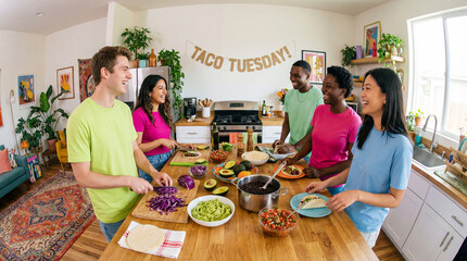 Taco Tuesday cooking, happy moments and diverse friends gathering together in a kitchen to make delicious meal