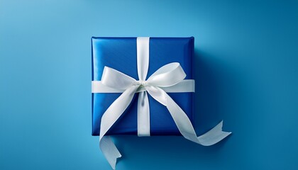 a vibrant blue gift box adorned with a white ribbon bow and stripes