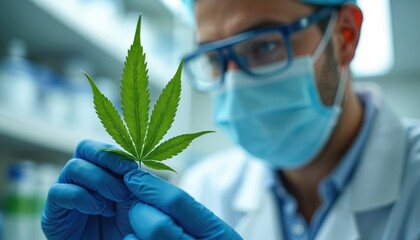 Scientist examines cannabis leaf in lab. Researcher analyzes plant for medical research. Person wears mask gloves, studies herb in clean facility.