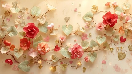 Elegant romantic background featuring red and pink roses with heart-shaped leaves