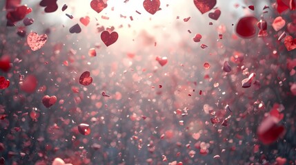 Magical Valentine background with red hearts and sparkles in soft light