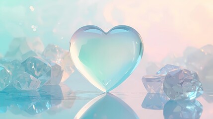 Elegant glass heart surrounded by crystal diamonds on a soft pastel background