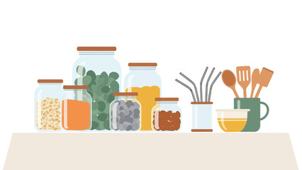 Modern kitchen shelf with jars and utensils in minimalist style