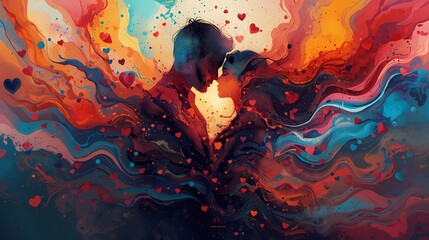 Artistic watercolor illustration of a couple in love amidst vibrant swirling waves