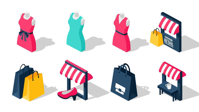 Isometric fashion retail elements: mannequins, shopping bags, storefronts, and more