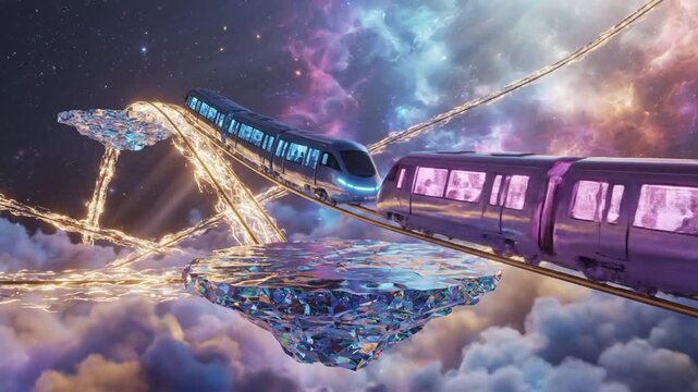 Futuristic train traveling through a dreamy cosmic landscape with floating islands