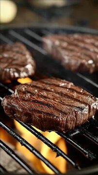 Tasty looking steak being cooked on a grill with flames in the background.