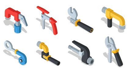 Isometric tool set: wrenches, pliers, and pipe grips collection in modern design