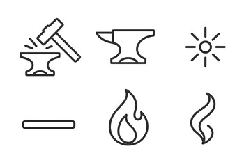 Obraz premium Metalwork Icon Design. Line style icons of Anvilstrike Metal: striking hammer, centered anvil, bright ember, iron line, fire lick,