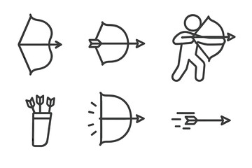 Bowstring Hunt Icons. Line style icons of Bowstring Hunt Scene: curved bow, notched arrow, hunter shape, quiver grip, arc tension,