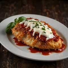 Chicken Parmigiana with crispy breading, marinara sauce, and cheese