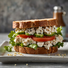 Chicken salad sandwich with veggies on whole grain bread