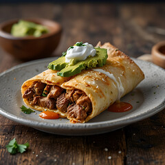 Delicious beef chimichanga topped with fresh avocado and sour cream