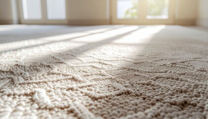 Sunlit Textured Carpet Floor in an Empty Room with Bright Windows.