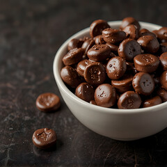 Delicious chocolate chips in a small white ceramic bowl
