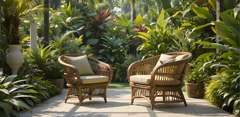 Obraz premium Wicker chairs arranged on a patio surrounded by plants, outdoor seating area, cozy garden atmosphere, decorative furniture setup, and relaxed home lifestyle scene