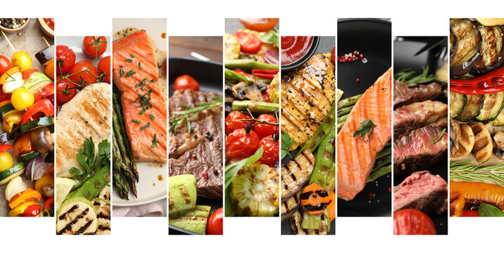 Collection of delicious grilled vegetables, meat and fish on white background