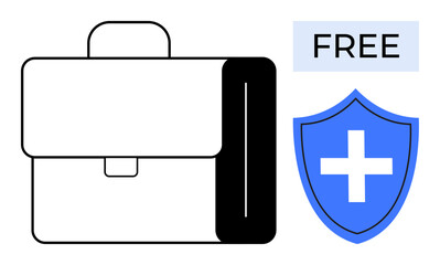 Business protections, free services, healthcare coverage, insurance benefits, cost savings, professional resources. Briefcase icon with medical shield and free label. Business protections and free