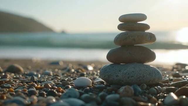 Video A stack of rocks perched on the edge of a beach, with blue water in the background