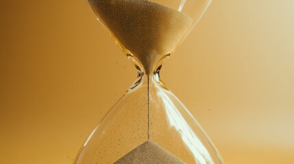 A close-up of a glass hourglass with golden sand flowing, representing time, patience, and the passage of moments.