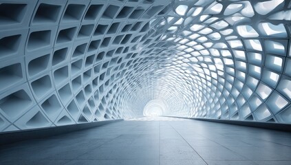 Modern architectural rendering of a futuristic, open-walled tunnel with a tiled floor