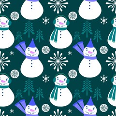 Christmas cartoon ice seamless snowman pattern for wrapping paper and fabrics