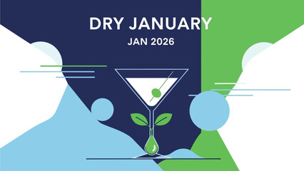 Dry January 2026 modern illustration with martini glass and green leaves