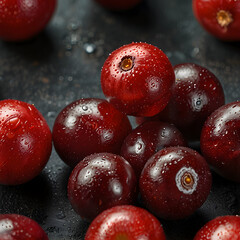 Plump red cranberries glistening with droplets on a dark surface