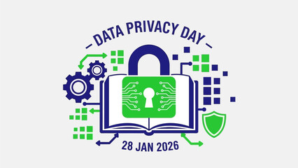 Data Privacy Day graphic with padlock and book on January 28