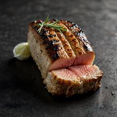 Grilled crocodile steak served with fresh herbs and lemon
