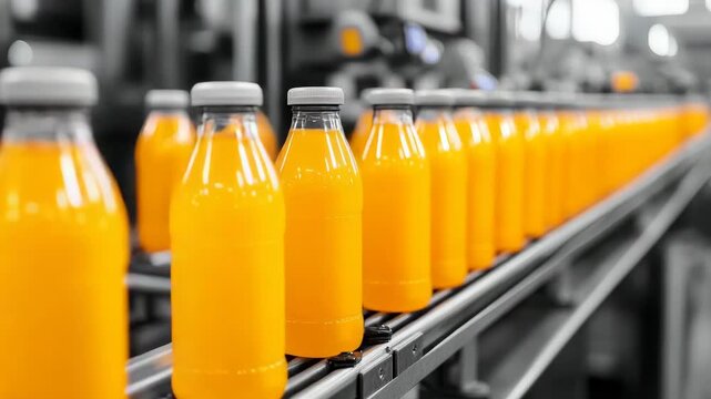 A factory production line with rows of orange juice bottles waiting for packaging.