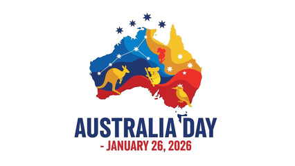 Vibrant Australia Day celebration graphic with colorful map and iconic animals