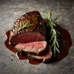 Perfectly seared venison with herbs resting on a rustic table