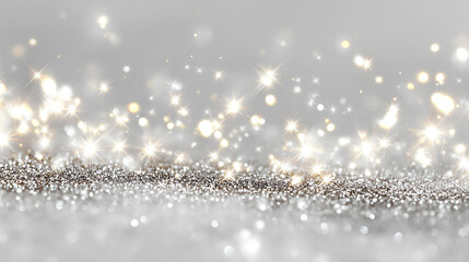 Sparkling stars dust and glowing bokeh lights. Sparkling background, magical particles, radiant fantasy celebration shimmer. Silver sparkle on white background. Stock Illustration
