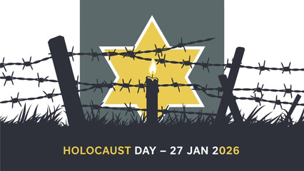 Holocaust Day memorial with candle and barbed wire fence