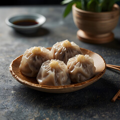 Delicious beef dim sum served in a traditional bamboo bowl