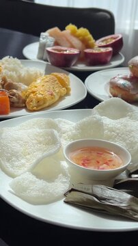 Thai cracker,Deep fried thin slices of rice flour prawn flavour,crisp rice cakes. dip rice chips in sauce