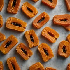 Dried papaya slices arranged beautifully on a neutral background